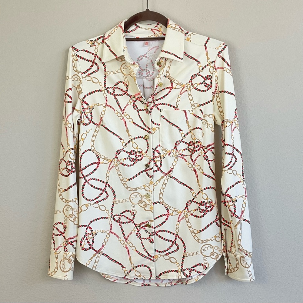Jude Connally Horse Print Equestrian Button Up Top Size XS